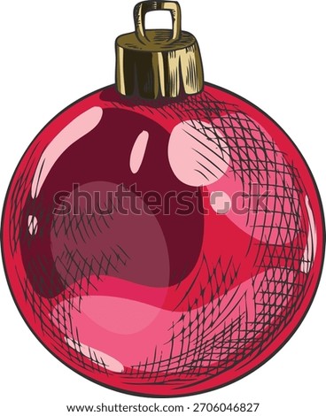 Christmas tree red ball toy hand drawn vector illustration. Traditional festive Happy New Year and Merry Christmas winter holiday decoration. Hanging glass ball sketch isolated on white background