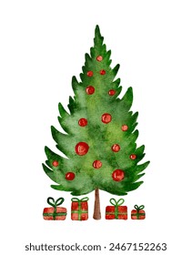 Christmas tree with red balls and gift boxes. Watercolor vector hand made not AI