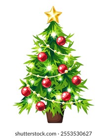 Christmas tree with red balls and Christmas lights isolated on a white background. Vector illustration. Hand-drawn illustration, not AI