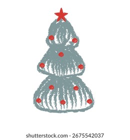 Christmas tree with red balls with star, vector isolated texture fabric in simple hand drawn trendy cartoon style. Isolated on white