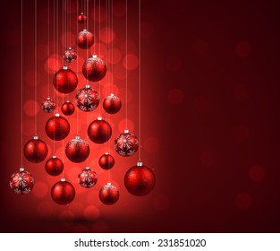 Christmas tree with red christmas balls. Vector illustration. 