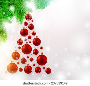 Christmas Tree, Red Christmas Balls. White Snowflakes Winter Background. Vector Illustration. Spruce Twigs