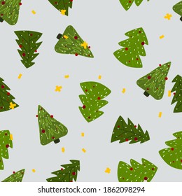Christmas tree with red baubles and yellow stars seamless pattern on grey background. Christmas holidays wrapping paper design for winter holidays greeting season.
