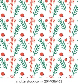 Christmas tree with red berries and candy canes seamless pattern on white. Vector illustration.