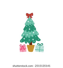 Christmas tree with red bow and colorful gift boxes. Vector illustration in simple hand drawn childish doodle cartoon style. Isolate on a white background