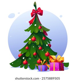 Christmas tree, with red bow, decorated with glass balls with gifts under it. Vector cartoon illustration on white background