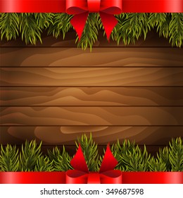 Christmas tree with red bow on the wood background. Vector illustration.