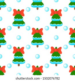 Christmas tree with a red bow and snowballs on a white background. Vector pattern for fabric, cards, flags, packages, icons, textiles, wrapping paper, tablecloths, covers, clothes, napkins.
