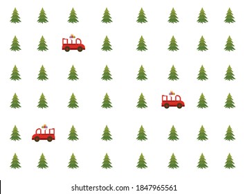 Christmas tree and red bus with gifts, Christmas card