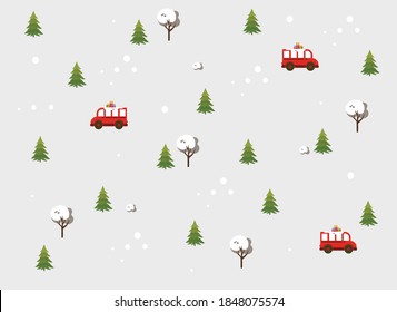Christmas tree and red bus with gifts, Christmas card