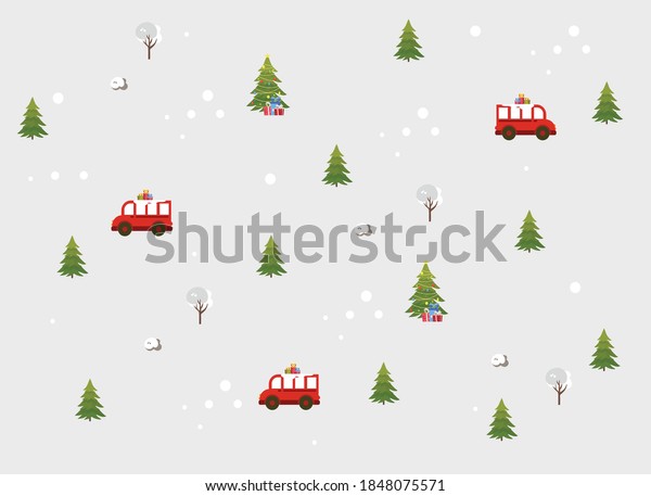 Christmas
tree and red bus with gifts, Christmas
card