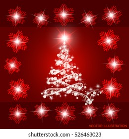 Christmas tree in red colours with lights and snowflakes. Vector illustration.