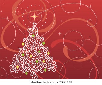 Christmas tree with a red flowing ribbon background