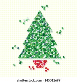 Un árbol de Navidad en una olla roja, creado a partir de una variedad de pequeñas perlas glosas sobre fondo texturado. Formato vectorial EPS10 que contiene gradientes radiales simples y transparencias.
