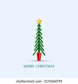 Christmas tree in a red pot and falling snow. Christmas greeting card.