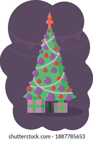 Christmas tree with red and purple balloons and a garland with gifts on a dark background