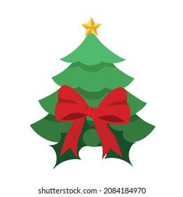 Árbol de Navidad con arco de cinta roja. Aislado sobre fondo blanco. Árbol decorativo de Año Nuevo.