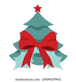 Christmas Tree with red ribbon bow. Isolated on white background. New Year Decorative Tree.