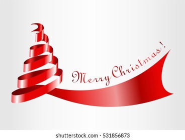 Christmas tree from red ribbon. Inscription Merry Christmas and Happy New Year 2019