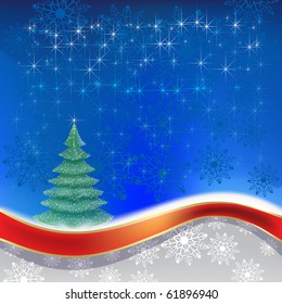 christmas tree with red ribbon on blue background