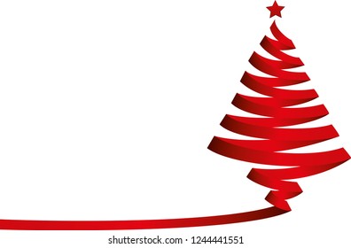 Christmas tree of red ribbon. Vector on white background. Greeting card for the holiday new year. Empty space for text or advertising