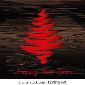 Christmas tree of red ribbon. Vector on wooden background. Greeting card for the holiday new year. Empty space for text or advertising