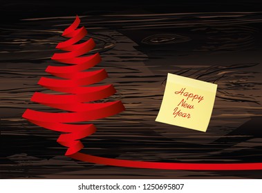 Christmas tree of red ribbon. Yellow sheet of paper for notes. Sticker. Vector on wooden background. Greeting card for the holiday new year. Empty space for text or advertising