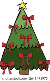 Christmas tree with red ribbons composition isolated. Vector graphic line ink illustration. New year and christmas greeting card or party invitation. For logo, web, package, sticker.