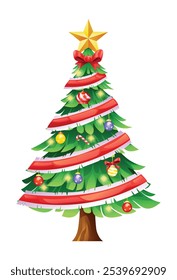 Árbol de Navidad con cintas rojas, estrella y adornos. Vector ilustración de dibujos animados