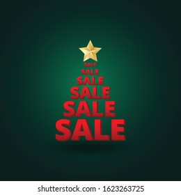 Christmas tree red sale text and star shape on top on green gradient background