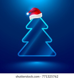 Christmas tree with red Santa Claus hat. Simple Christmas tree for modern IT technologies and electronics. The simple silhouette of a Christmas tree made of glass glows. Technology concept