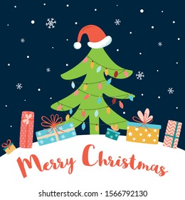 Christmas tree in red Santa hat New Year concept Gifts present boxes on snowy dark blue background Vector