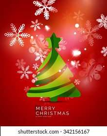 Christmas tree, red shiny abstract background. Vector holiday illustration