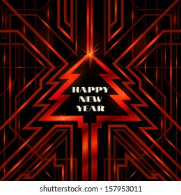 Christmas tree, red shiny grille, abstract background, Christmas card art deco
