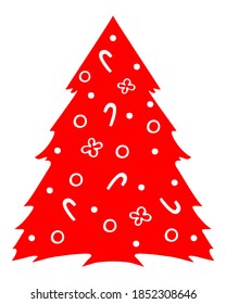 Christmas tree red silhouette. Vector image of fir tree decorated for Christmas and New Year holidays