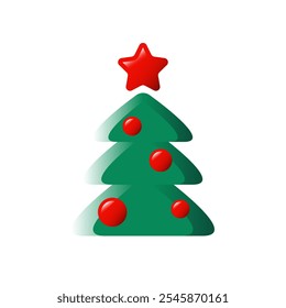 Christmas tree with a red star decorated with baubles isolated on a white background. Cute colorful festive fir tree with 3d effect for Christmas and New Year