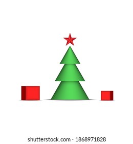 Christmas tree with red star and gift red boxes, New Year is holiday decorations isolated on white, vector 3d clip art.