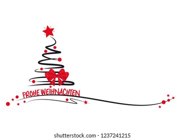 christmas tree with red stars, balls, loop ribbon and german text frohe weihnachten means merry christmas