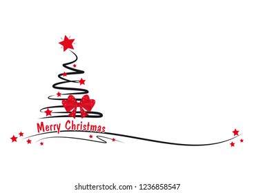 christmas tree with red stars and loop and text merry christmas, white background, scribble effect