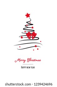 christmas tree with red stars, loop ribbon and text merry christmas and happy new year, white background