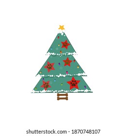 Christmas tree with red stars with paw prints. Happy new year and merry Christmas greeting card