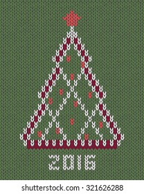 Christmas tree with red stylized star and balls. New year 2016 vintage card. Knitted hand made embroidery seamless pattern