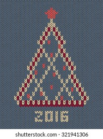 Christmas tree with red stylized star and balls. New year 2016 vintage card. Knitted hand made embroidery seamless pattern