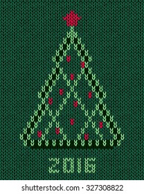 Christmas tree with red stylized star and balls. New year 2016 vintage card. Knitted hand made embroidery seamless pattern