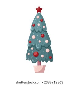 Christmas tree with red and white balls and fed star. Vector illustration 