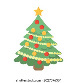 Christmas tree with red and yellow balls vector illustration. Flat style.