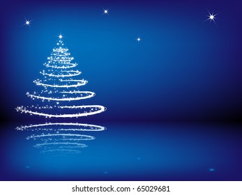 Christmas tree with reflection on the blue background