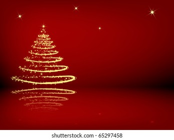 Christmas tree with reflection on the red background