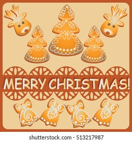Christmas tree, reindeer, bells. Gingerbread. Design for banner, poster, leaflets, flyers.