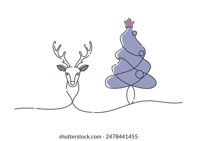Christmas tree, reindeer head, stocking, doodle continuous line art vector illustration